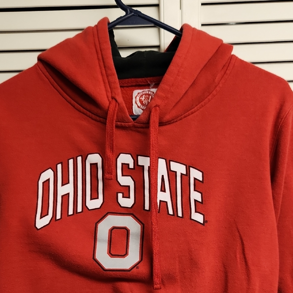Red Hoodie with White Text and Prominent Hood